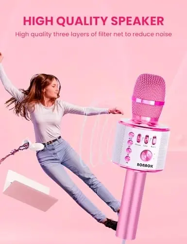 BONAOK Kids Karaoke Microphone, Wireless Bluetooth Microphone for Singing, Gift for Kids, Adults, Girls, Boys, Christmas Kids Toys Gifts for Ages 3, 4, 5, 6, 7, 8+ Years Old (Light Pinkcolor) - 4
