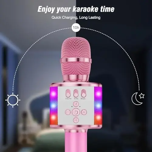 BONAOK Karaoke Microphone for Kids & Adults - Bluetooth Microphones Singing Mic with Disco Lights, Echo Effect, Built-in Speaker Portable Karaoke Player for Party Travel Gifts Q78(Light Pink) - 4