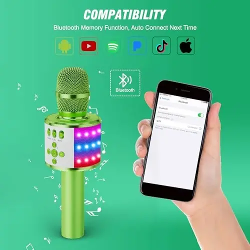 BONAOK Karaoke Microphone for Kids & Adults - Bluetooth Microphones Singing Mic with Disco Lights, Echo Effect, Built-in Speaker Portable Karaoke Player for Party Travel Gifts Q78(Green) - 5