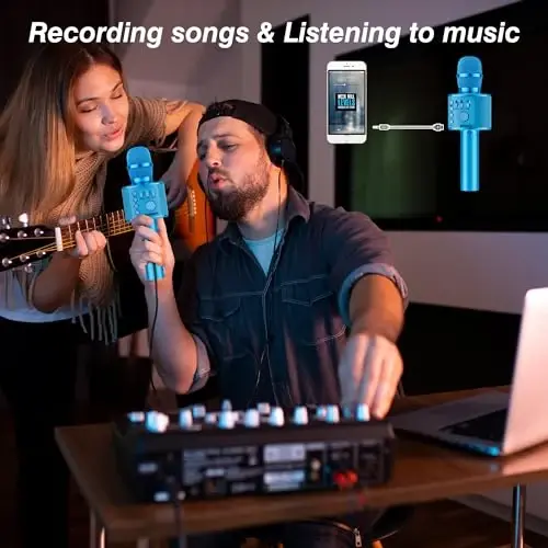 BONAOK Wireless Bluetooth Karaoke Microphone,3-in-1 Portable Handheld Karaoke Mic Speaker Machine Birthday Home Party for PC or All Smartphone (Q37 Blue) - 4