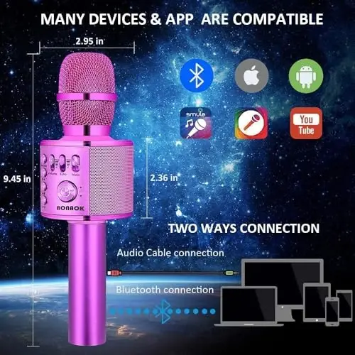 BONAOK Wireless Bluetooth Karaoke Microphone,3-in-1 Portable Handheld Karaoke Mic Speaker Machine Birthday Home Party for PC or All Smartphone (Q37 Purple) - 3