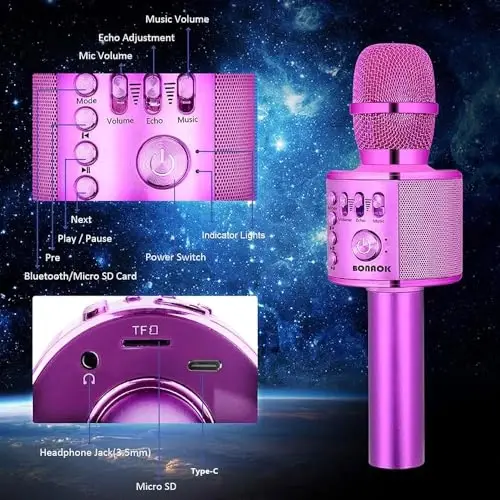 BONAOK Wireless Bluetooth Karaoke Microphone,3-in-1 Portable Handheld Karaoke Mic Speaker Machine Birthday Home Party for PC or All Smartphone (Q37 Purple) - 5