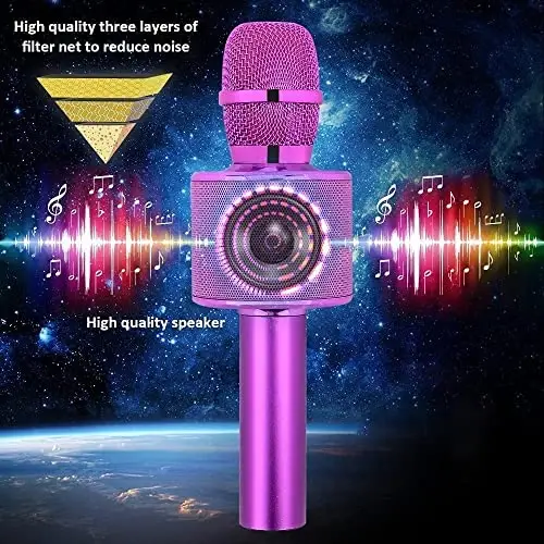 BONAOK Wireless Bluetooth Karaoke Microphone,3-in-1 Portable Handheld Karaoke Mic Speaker Machine Birthday Home Party for PC or All Smartphone (Q37 Purple) - 4