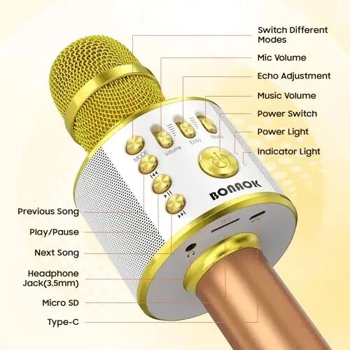 BONAOK Wireless Bluetooth Karaoke Microphone,3-in-1 Portable Handheld Karaoke Mic Speaker Machine Home Party Birthday for All Smartphones (Q37 Gold) - 4