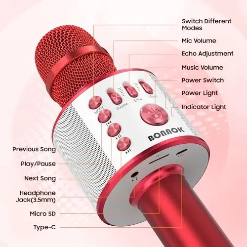 BONAOK Wireless Bluetooth Karaoke Microphone,3-in-1 Portable Handheld Mic Speaker Machine Birthday Home Party for PC or All Smartphone(Q37 Red) - 4