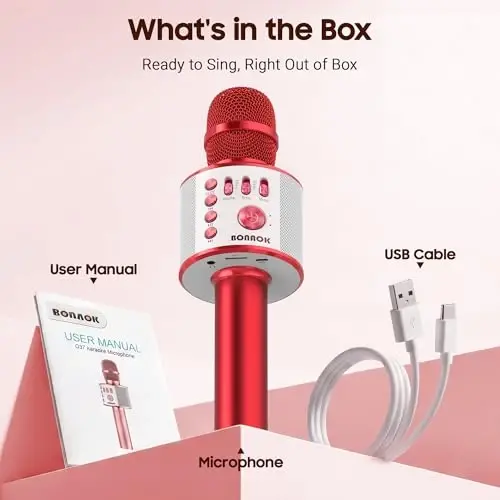 BONAOK Wireless Bluetooth Karaoke Microphone,3-in-1 Portable Handheld Mic Speaker Machine Birthday Home Party for PC or All Smartphone(Q37 Red) - 5