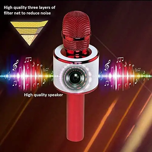 BONAOK Wireless Bluetooth Karaoke Microphone,3-in-1 Portable Handheld Mic Speaker Machine Birthday Home Party for PC or All Smartphone(Q37 Red) - 4