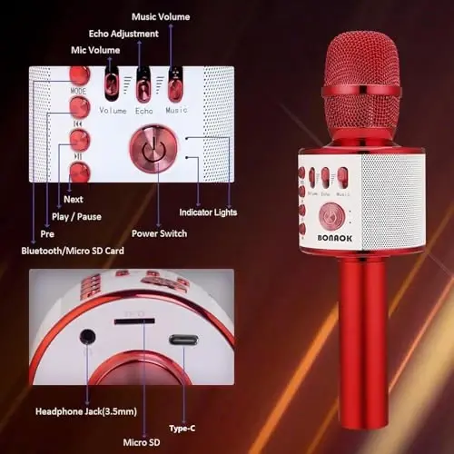 BONAOK Wireless Bluetooth Karaoke Microphone,3-in-1 Portable Handheld Mic Speaker Machine Birthday Home Party for PC or All Smartphone(Q37 Red) - 6