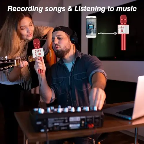 BONAOK Wireless Bluetooth Karaoke Microphone,3-in-1 Portable Handheld Mic Speaker Machine Birthday Home Party for PC or All Smartphone(Q37 Red) - 5