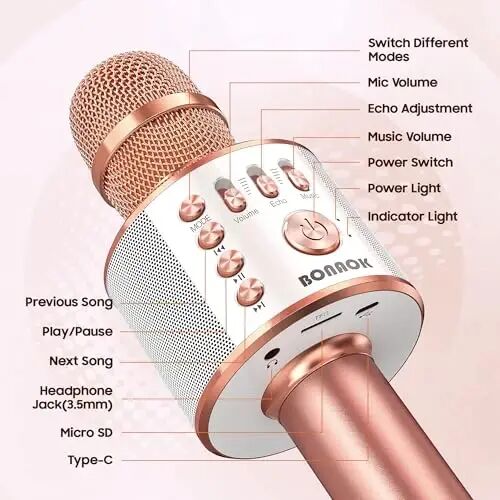 BONAOK Wireless Bluetooth Karaoke Microphone,3-in-1 Portable Handheld Karaoke Mic Speaker Machine Home Party Birthday for All Smartphones PC(Q37 Rose Gold) - 5