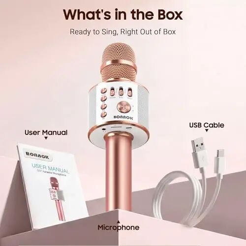 BONAOK Wireless Bluetooth Karaoke Microphone,3-in-1 Portable Handheld Karaoke Mic Speaker Machine Home Party Birthday for All Smartphones PC(Q37 Rose Gold) - 6