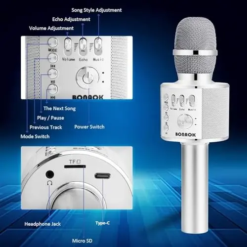 BONAOK Wireless Bluetooth Karaoke Microphone,3-in-1 Portable Handheld Mic Speaker for All Smartphones,Gifts for Kids Adults All Age Q37(Silver) - 6