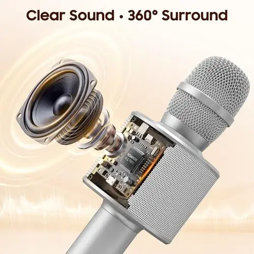 BONAOK Wireless Bluetooth Karaoke Microphone,3-in-1 Portable Handheld Mic Speaker for All Smartphones,Gifts for Kids Adults All Age Q37(Silver) 
