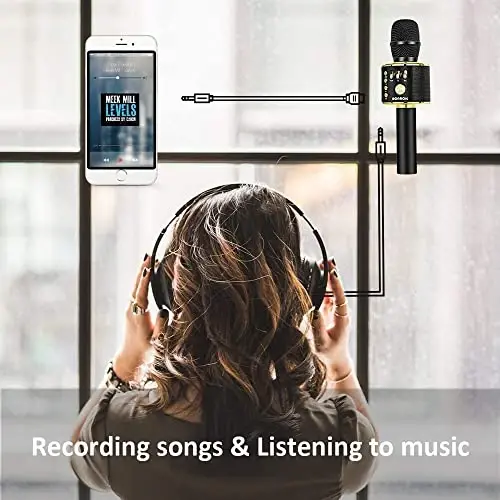 BONAOK Wireless Bluetooth Karaoke Microphone, 3-in-1 Portable Handheld Mic Speaker Machine for All Smartphones, Gifts to Girls Boys Kids Adults All Age Q37(Black Gold) - 5
