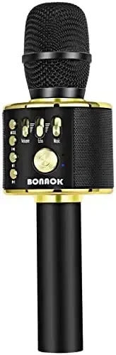 BONAOK Wireless Bluetooth Karaoke Microphone, 3-in-1 Portable Handheld Mic Speaker Machine for All Smartphones, Gifts to Girls Boys Kids Adults All Age Q37(Black Gold) 