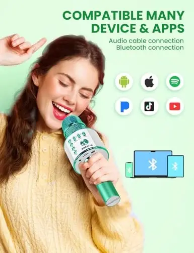 BONAOK Wireless Bluetooth Karaoke Microphone, 3-in-1 Portable Handheld Mic Speaker for All Smartphones, Gifts for Boys Kids Adults All Age Q37(Green) - 2
