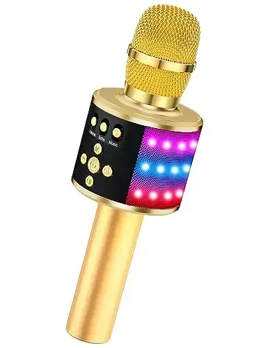 BONAOK Karaoke Microphone for Kids & Adults - Bluetooth Microphones Singing Mic with Disco Lights, Echo Effect, Built-in Speaker Portable Karaoke Player for Party Travel Gifts Q78(Gold) - 1