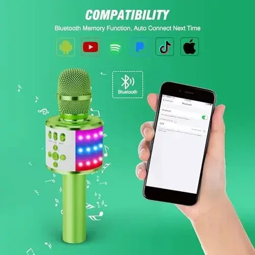 BONAOK Karaoke Microphone for Kids & Adults - Bluetooth Microphones Singing Mic with Disco Lights, Echo Effect, Built-in Speaker Portable Karaoke Player for Party Travel Gifts Q78(Green) - 5