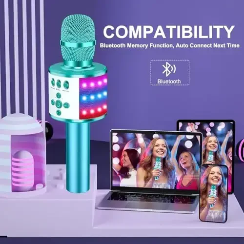 BONAOK Karaoke Microphone for Kids & Adults - Bluetooth Microphones Singing Mic with Disco Lights, Echo Effect, Built-in Speaker Portable Karaoke Player for Party Travel Gifts Q78(Ice Blue) - 4