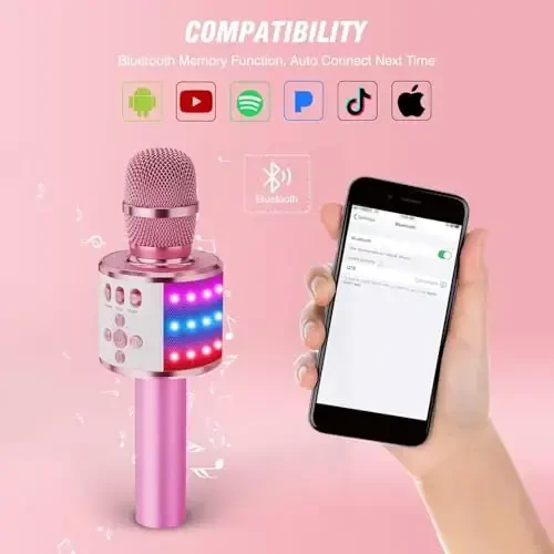 BONAOK Karaoke Microphone for Kids & Adults - Bluetooth Microphones Singing Mic with Disco Lights, Echo Effect, Built-in Speaker Portable Karaoke Player for Party Travel Gifts Q78(Light Pink) - 5