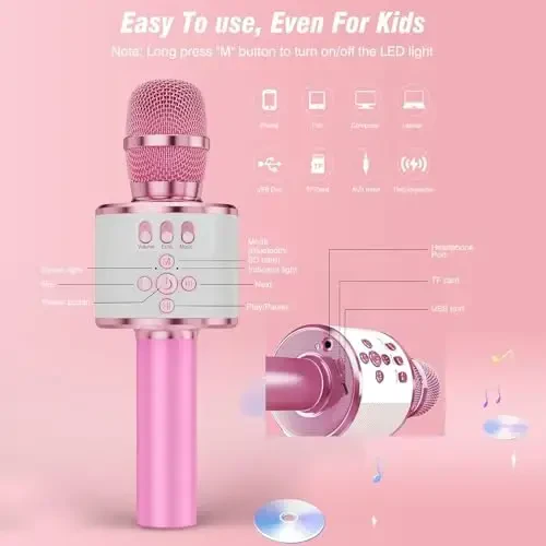 BONAOK Karaoke Microphone for Kids & Adults - Bluetooth Microphones Singing Mic with Disco Lights, Echo Effect, Built-in Speaker Portable Karaoke Player for Party Travel Gifts Q78(Light Pink) - 6