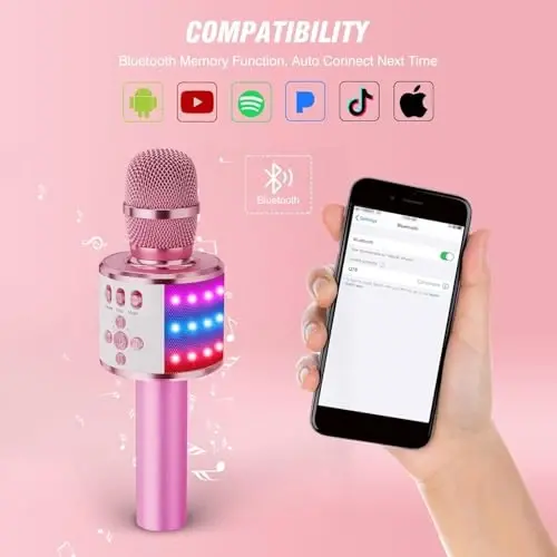 BONAOK Karaoke Microphone for Kids & Adults - Bluetooth Microphones Singing Mic with Disco Lights, Echo Effect, Built-in Speaker Portable Karaoke Player for Party Travel Gifts Q78(Light Pink) - 5