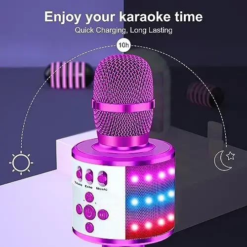 BONAOK Karaoke Microphone for Kids & Adults - Bluetooth Microphones Singing Mic with Disco Lights, Echo Effect, Built-in Speaker Portable Karaoke Player for Party Travel Gifts Q78(Purple) - 3