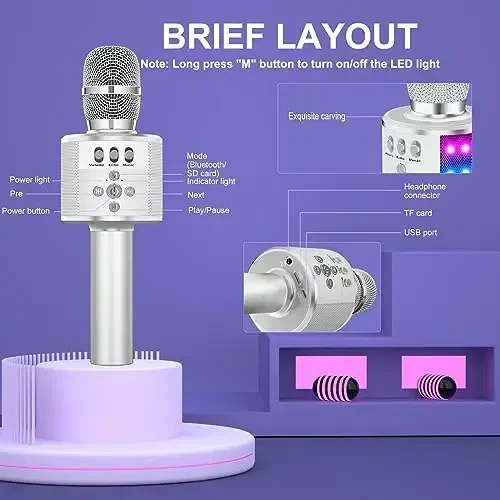 BONAOK Karaoke Microphone for Kids & Adults - Bluetooth Microphones Singing Mic with Disco Lights, Echo Effect, Built-in Speaker Portable Karaoke Player for Party Travel Gifts Q78(Silver) - 3