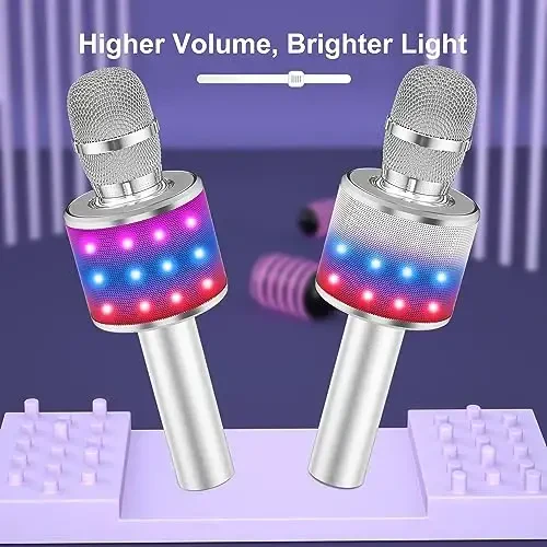 BONAOK Karaoke Microphone for Kids & Adults - Bluetooth Microphones Singing Mic with Disco Lights, Echo Effect, Built-in Speaker Portable Karaoke Player for Party Travel Gifts Q78(Silver) - 5