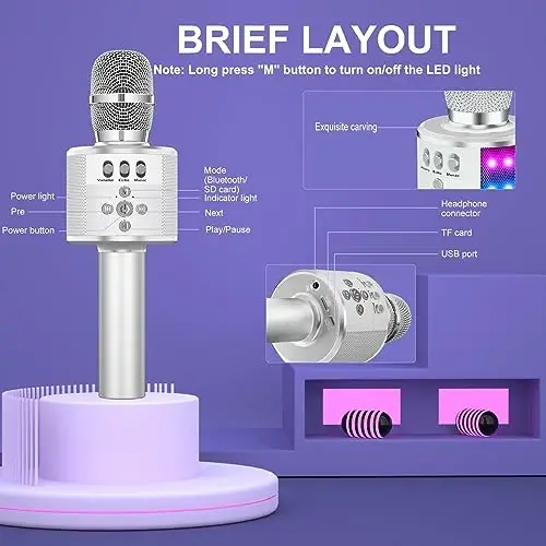 BONAOK Karaoke mikrofon bolalar va kattalar uchun - Bluetooth mikrofonlar Disko chiroqlari bilan mikrofon kuylash, Echo effekti, o'rnatilgan dinamik Partiya sayohat sovg'alari uchun portativ karaoke pleer Q78 (kumush) - 3