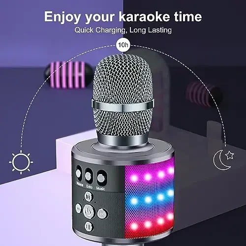 BONAOK Karaoke Mikrofon bolalar va kattalar uchun - Disko chiroqlari, Echo effekti, O'rnatilgan dinamik Portativ Karaoke pleyeri bilan Bluetooth mikrofonlar Partiya sayohat sovg'alari uchun Q78(Space Gary) - 4