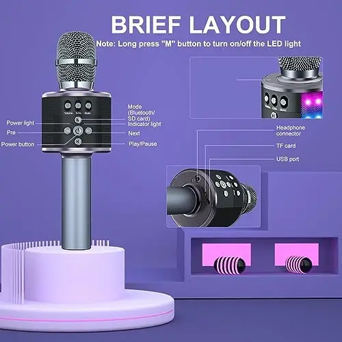 BONAOK Karaoke Mikrofon bolalar va kattalar uchun - Disko chiroqlari, Echo effekti, O'rnatilgan dinamik Portativ Karaoke pleyeri bilan Bluetooth mikrofonlar Partiya sayohat sovg'alari uchun Q78(Space Gary) - 3