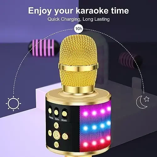 BONAOK Karaoke Mikrofon bolalar va kattalar uchun - Disko chiroqlari, Echo effekti, O'rnatilgan dinamikli portativ karaoke pleerli Bluetooth mikrofon, Party Travel sovg'alari uchun Q78 (Oltin) - 4