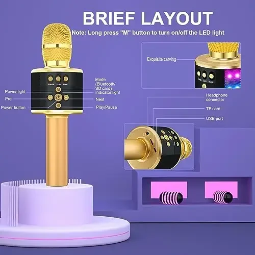 BONAOK Karaoke Mikrofon bolalar va kattalar uchun - Disko chiroqlari, Echo effekti, O'rnatilgan dinamikli portativ karaoke pleerli Bluetooth mikrofon, Party Travel sovg'alari uchun Q78 (Oltin) - 6