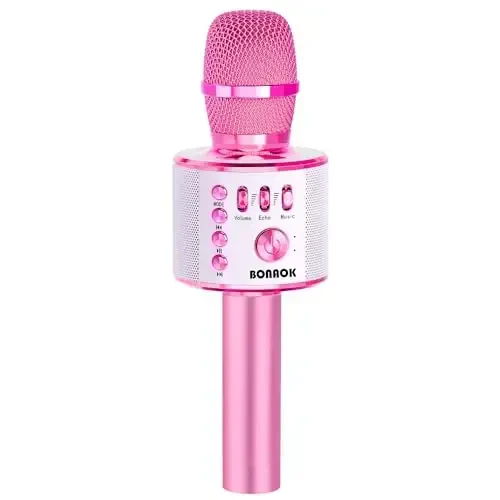 BONAOK Kids Karaoke Microphone, Wireless Bluetooth Microphone for Singing, Gift for Kids, Adults, Girls, Boys, Christmas Kids Toys Gifts for Ages 3, 4, 5, 6, 7, 8+ Years Old (Light Pinkcolor) 