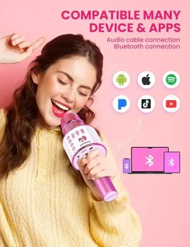 BONAOK Kids Karaoke Microphone, Wireless Bluetooth Microphone for Singing, Gift for Kids, Adults, Girls, Boys, Christmas Kids Toys Gifts for Ages 3, 4, 5, 6, 7, 8+ Years Old (Light Pinkcolor) - BONAOK (1)