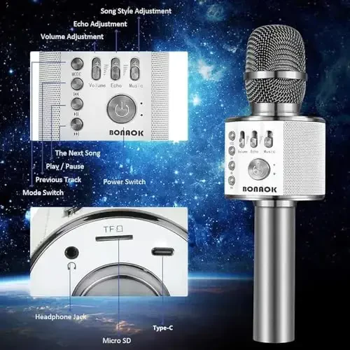 BONAOK Simsiz Bluetooth Karaoke Mikrofon, 3-in-1 Portativ Qo'lda Karaoke Mikrofoni Karnay Mashinasi Uy Partiyasi Barcha Smartfonlar uchun Tug'ilgan kun Q37 (Kosmik Kulrang) - 6