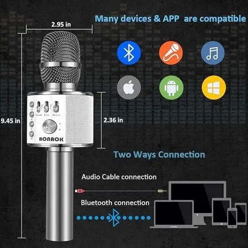 BONAOK Simsiz Bluetooth Karaoke Mikrofon, 3-in-1 Portativ Qo'lda Karaoke Mikrofoni Karnay Mashinasi Uy Partiyasi Barcha Smartfonlar uchun Tug'ilgan kun Q37 (Kosmik Kulrang) - 4