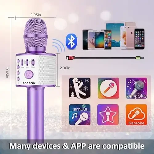 BONAOK Simsiz Bluetooth Karaoke Mikrofon, 3'ü 1'de Portativ Qo'lda Mikrofon Dinamik Mashinasi Barcha Smartfonlar uchun, Qizlar Bolalar Bolalar Kattalar Barcha Yosh Q37(Ochiq Binafsha) - 4