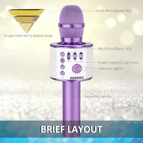 BONAOK Simsiz Bluetooth Karaoke Mikrofon, 3'ü 1'de Portativ Qo'lda Mikrofon Dinamik Mashinasi Barcha Smartfonlar uchun, Qizlar Bolalar Bolalar Kattalar Barcha Yosh Q37(Ochiq Binafsha) - 6