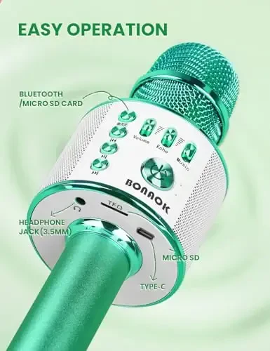 BONAOK Simsiz Bluetooth Karaoke Mikrofon, Barcha Smartfonlar uchun 3-in-1 Portativ Qo'lda Mikrofon Dinamigi, O'g'il bolalar uchun sovg'alar Bolalar Kattalar Barcha Yosh Q37(Yashil) - 5