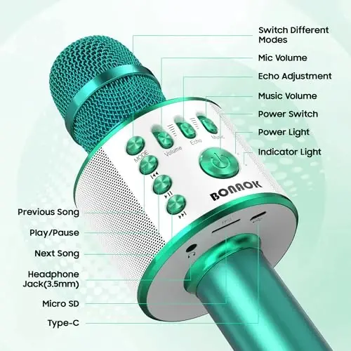 BONAOK Simsiz Bluetooth Karaoke Mikrofon, Barcha Smartfonlar uchun 3-in-1 Portativ Qo'lda Mikrofon Dinamigi, O'g'il bolalar uchun sovg'alar Bolalar Kattalar Barcha Yosh Q37(Yashil) - 4