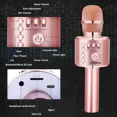 BONAOK Simsiz Bluetooth Karaoke Mikrofon, Barcha Smartfonlar uchun 3-in-1 Portativ Qo'lda Mikrofon Dinamik Mashinasi, Qizlar, O'g'il bolalar Bolalar Kattalar uchun Sovg'alar Barcha Yosh Q37(Champagne) - 6