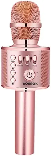 BONAOK Simsiz Bluetooth Karaoke Mikrofon, Barcha Smartfonlar uchun 3-in-1 Portativ Qo'lda Mikrofon Dinamik Mashinasi, Qizlar, O'g'il bolalar Bolalar Kattalar uchun Sovg'alar Barcha Yosh Q37(Champagne) 