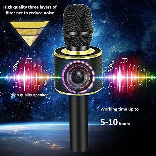 BONAOK Simsiz Bluetooth Karaoke Mikrofon, Barcha Smartfonlar uchun 3'ü 1 Ko'chma Qo'l Mikrofon Dinamik Mashinasi, Qizlar Bolalar Bolalar Kattalar uchun Barcha Yoshdagi Q37 uchun Sovg'alar (Qora Oltin) - 4
