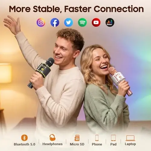 BONAOK Simsiz Bluetooth Karaoke Mikrofon, Barcha Smartfonlar uchun 3'ü 1 Ko'chma Qo'l Mikrofon Dinamik Mashinasi, Qizlar Bolalar Bolalar Kattalar uchun Barcha Yoshdagi Q37 uchun Sovg'alar (Qora Oltin) - 2