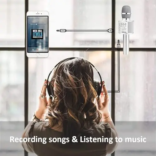 BONAOK Simsiz Bluetooth Karaoke Mikrofon, barcha smartfonlar uchun 3'ü 1 portativ qo'lda mikrofon dinamiki, bolalar va kattalar uchun sovg'alar Q37 (kumush) - 5