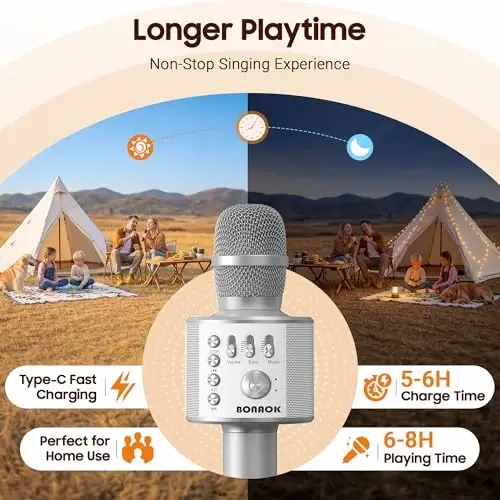 BONAOK Simsiz Bluetooth Karaoke Mikrofon, barcha smartfonlar uchun 3'ü 1 portativ qo'lda mikrofon dinamiki, bolalar va kattalar uchun sovg'alar Q37 (kumush) - 3