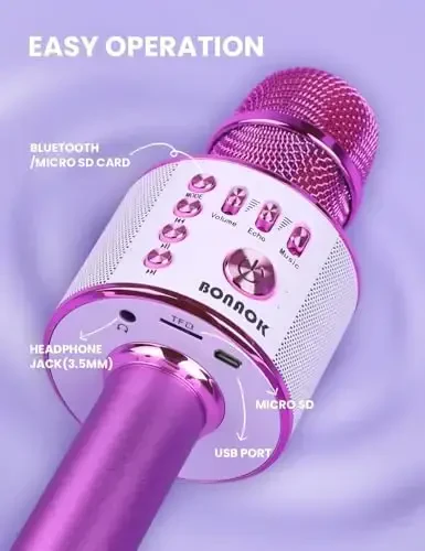 BONAOK simsiz Bluetooth karaoke mikrofon, qo'shiq aytish uchun portativ o'yinchoq mikrofon, qizlar, o'g'il bolalar, bolalar, kattalar uchun sovg'alar, barcha yoshdagilar Q37 (yorqin binafsha) - 5