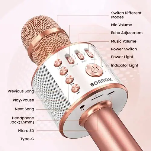 BONAOK Simsiz Bluetooth Karokе Mikrofoni,3-in-1 Portativ Qo'lda Karokе Mikrofoni Karokе Dinamik Uy Qurilmasi Uy Partisi Har Qanday Smartfonlar Va Kompyuterlar Uchun Tug'ilgan Kun (Q37 Rose Gold) - 5